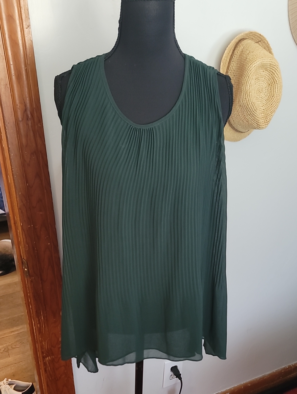 Zara  Forest Green Pleated Chiffon Tank